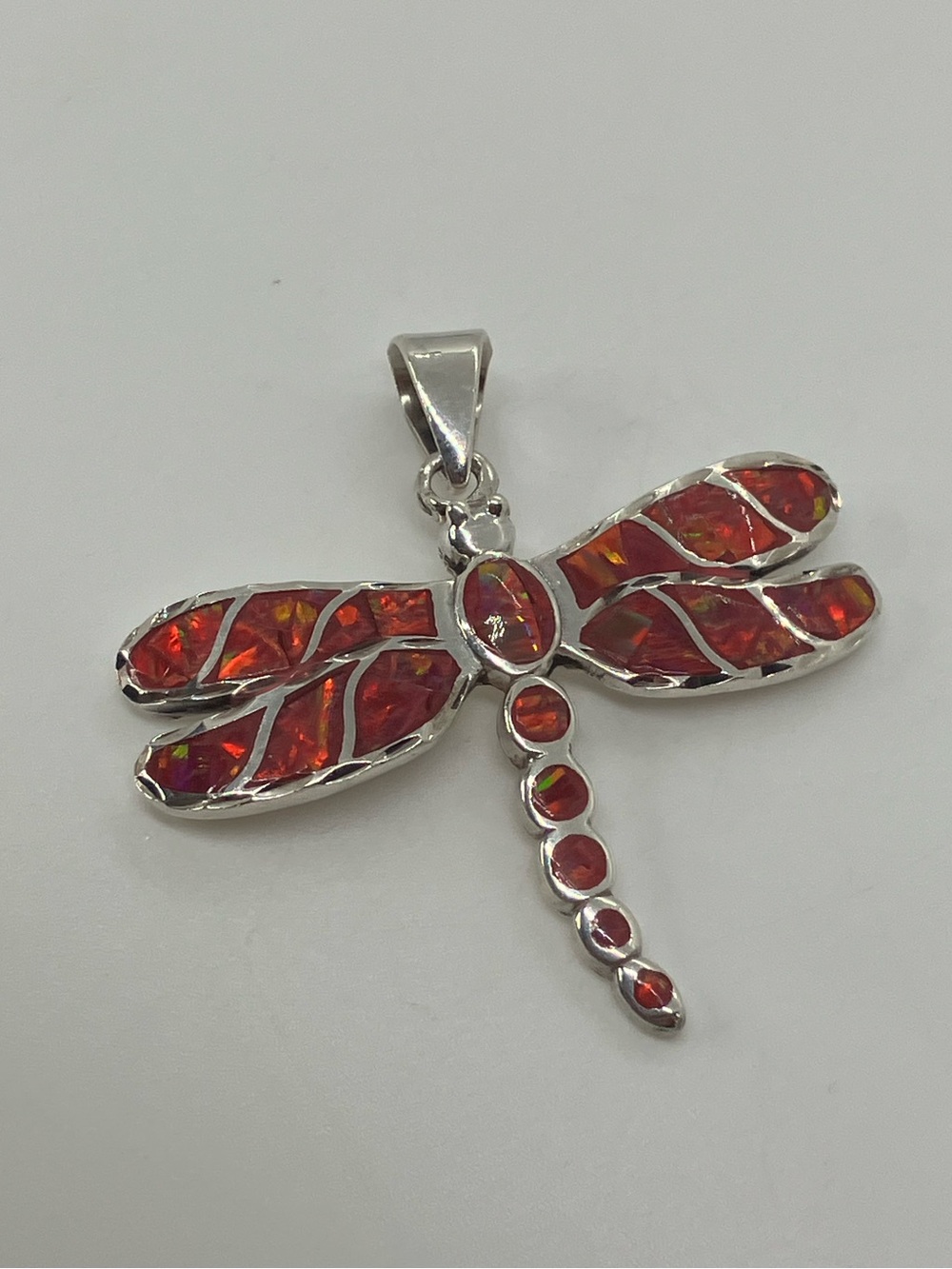 Vtg 950 Silver Pink Simulated Opal Inlay Large Dragonfly Pendant